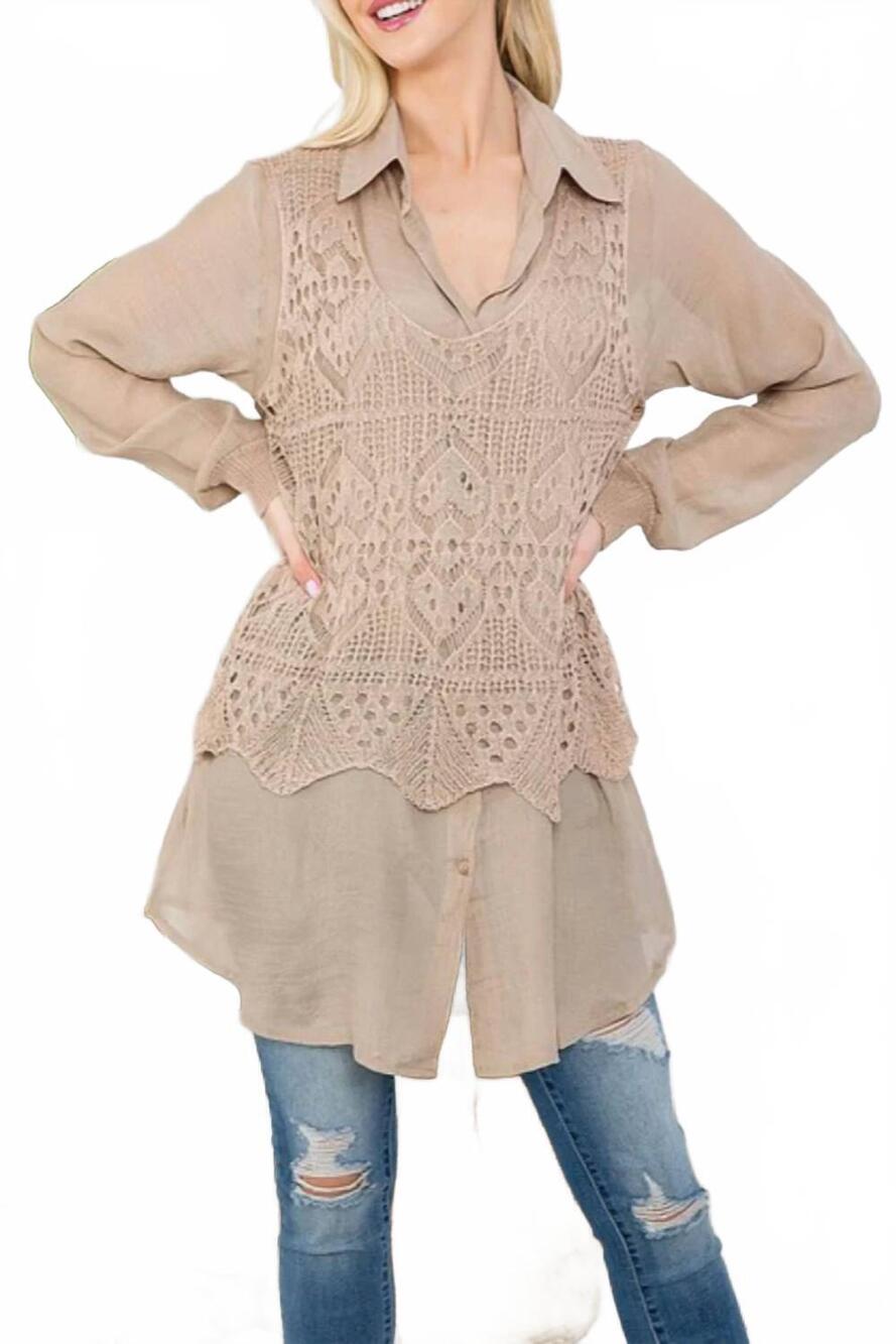 NEW A'REVE women's button down crochet front detail dress in brown